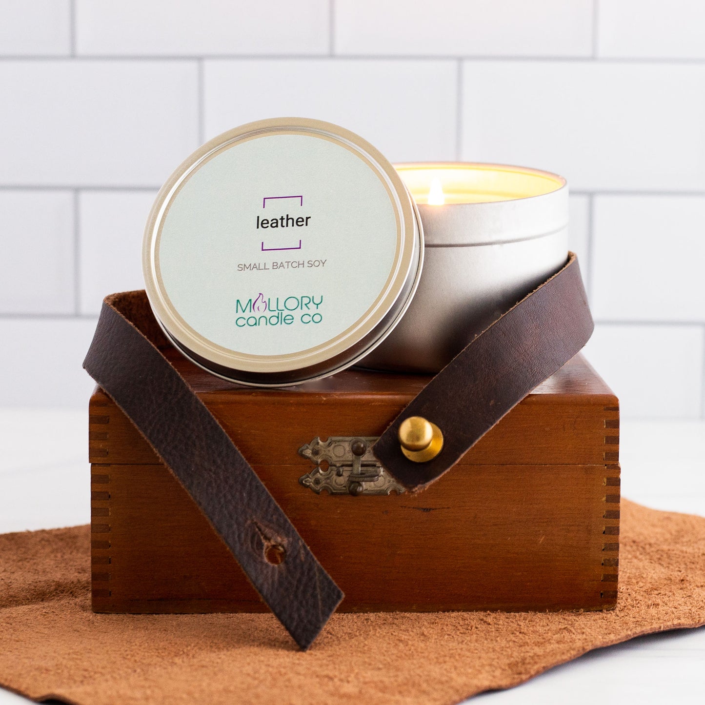 Leather Candle, Large Tin